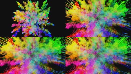 爆炸的火药孤立在黑色背景。3d动画的粒子作为彩色的背景或覆盖效果。迸发出彩虹般的色彩，粉饼呈现出明亮如胡里节。42高清在线视频素材下载