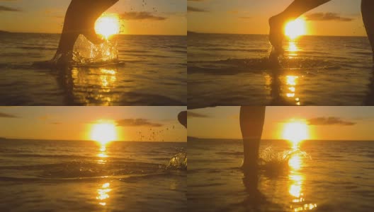 特写:无忧无虑的女人在金色的夕阳下赤脚在浅海中奔跑。高清在线视频素材下载