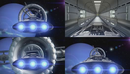 宇宙飞船在海王星的背景下飞出隧道高清在线视频素材下载