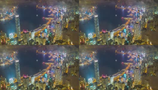 这是中国香港维多利亚港夜间市区交通的超远景图高清在线视频素材下载