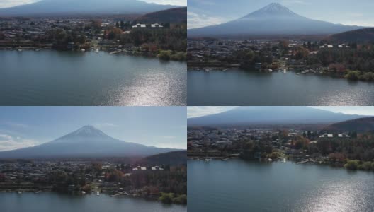 清晨鸟瞰富士山和川口湖高清在线视频素材下载