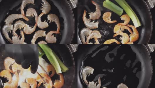 美味的大虾蛋和韭菜在平底锅里煎，俯视图。高清在线视频素材下载