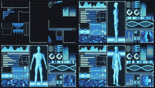 3D渲染人体和DNA双螺旋扫描分析抽象医学未来HUD显示屏幕界面高清在线视频素材下载
