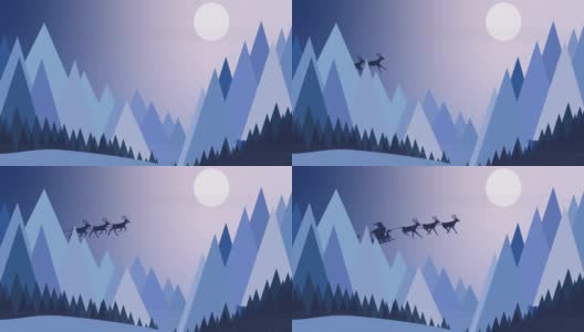 圣诞老人在驯鹿拉雪橇的剪影在月亮和冬天的风景高清在线视频素材下载