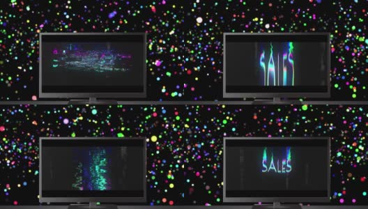 动画销售发光的文字在电视屏幕上与黑色背景上的多个彩色点高清在线视频素材下载
