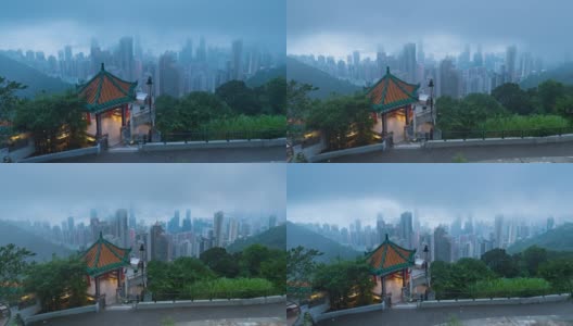 时间推移上午香港摩天大楼和多云的季节下雨-现代商务区城市高清在线视频素材下载