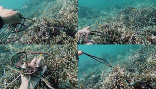 成熟的女性环保潜水者正在清除海洋垃圾带的塑料污染高清在线视频素材下载