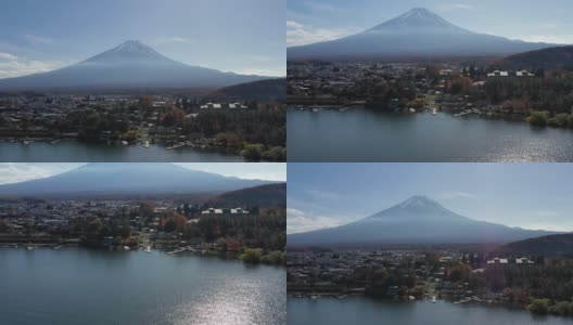 清晨鸟瞰富士山和川口湖高清在线视频素材下载