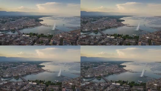 阳光明媚的日落日内瓦湖湾著名的喷泉城市景观空中全景4k时间流逝瑞士高清在线视频素材下载