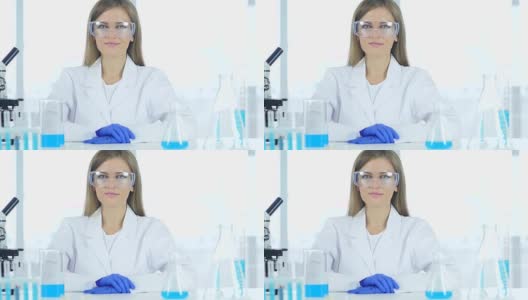 戴防护眼镜的女化学家、实验室科学研究员高清在线视频素材下载