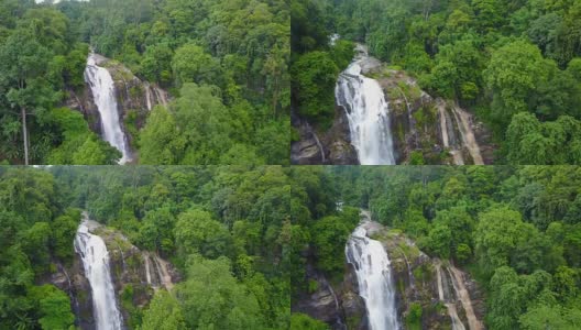 瓦奇拉坦瀑布鸟瞰图与水花飞溅其中一个著名的瀑布在Doi Inthanon国家公园山。位于泰国清迈。高清在线视频素材下载