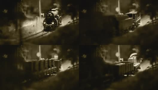 旧电影效果镜头模型铁路与老式机车在路线上高清在线视频素材下载
