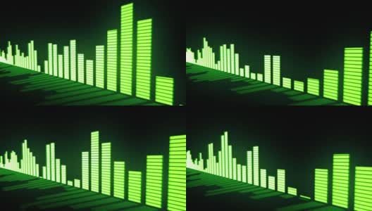 音乐控制水平。辉光酸-绿色音频均衡器棒与反射镜表面移动。高清在线视频素材下载
