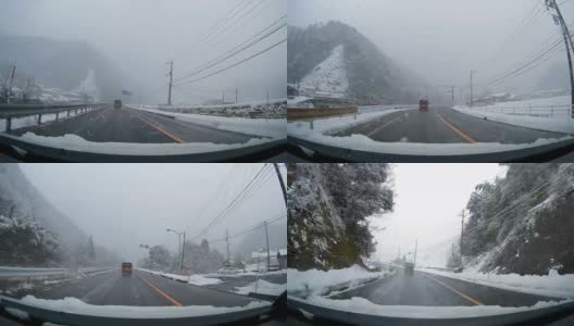 日本鸟取县Misasa 179号公路，冬季雪地里行驶的POV汽车高清在线视频素材下载
