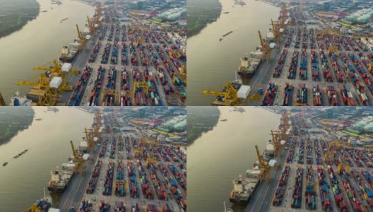 国际港口在进出口业务物流中使用起重机装载集装箱的超失效。高清在线视频素材下载