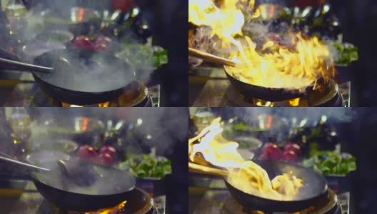 上海街头炒锅着火的慢镜头。高清在线视频素材下载