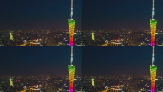 夜间照明著名的广州市广州塔顶部空中倾斜移位全景4k时间间隔中国高清在线视频素材下载