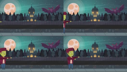 万圣节快乐的动画场景与蝙蝠飞行和城堡高清在线视频素材下载