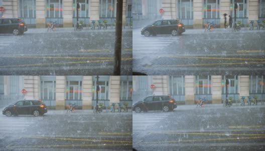 极端天气，冰雹，暴雨，巴黎街道上的暴风雨冰雹会打击自行车高清在线视频素材下载