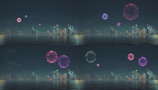 烟花在夜空之上抽象的城市摩天大楼的3D动画高清在线视频素材下载