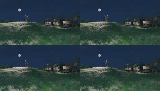 在黑暗的夜晚，有半木制的房子和古老的风车的乡村景观高清在线视频素材下载