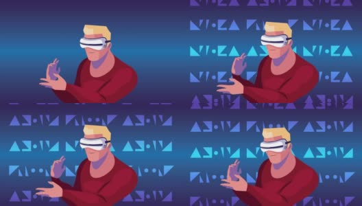 虚拟现实技术动画与金发男子使用面具高清在线视频素材下载