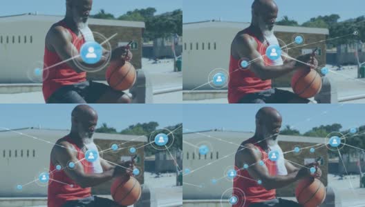 动画的网络连接的高级非洲裔美国人在海滩使用智能手机高清在线视频素材下载