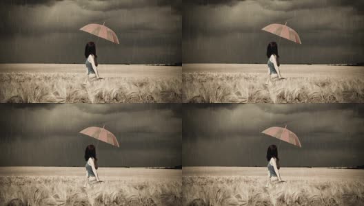 女孩带着伞在田野复古风格高清在线视频素材下载