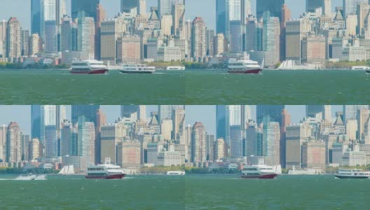 俯瞰下曼哈顿与渡船穿过哈德逊河高清在线视频素材下载