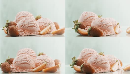 草莓冰淇淋旁边点缀着新鲜的草莓高清在线视频素材下载
