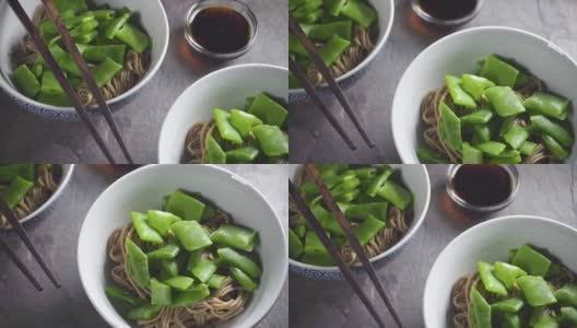 瓷碗青豆荞麦面配酱油高清在线视频素材下载