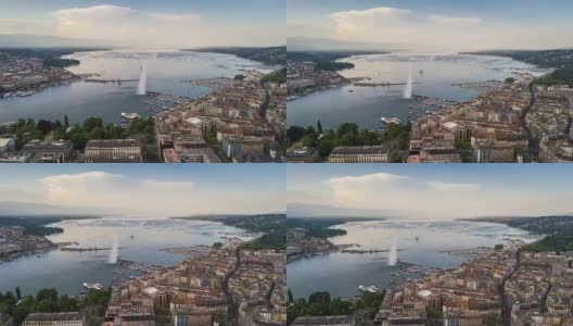 阳光明媚的一天，日内瓦湖湾著名的喷泉城市景观航拍全景4k时间流逝瑞士高清在线视频素材下载