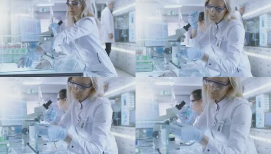 医学研究科学家在实验室用注射器注射的小鼠上测试疫苗实验药物。她在一家明亮的现代实验室工作。高清在线视频素材下载