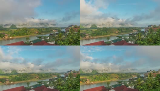4K延时:美丽的雾在日出移动在万荣，老挝的视点。高清在线视频素材下载