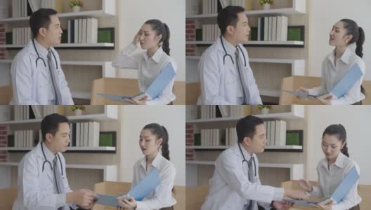 一个亚洲男性整形外科医生的肖像与一个女性病人在诊所咨询医学检查医学和保健的概念。高清在线视频素材下载