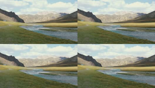 吉尔吉斯斯坦的多彩山谷和冰川河流的风景高清在线视频素材下载