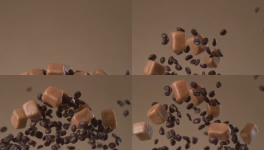 咖啡豆和焦糖在慢镜头中飞舞。使用幻影Flex 4K相机拍摄。高清在线视频素材下载