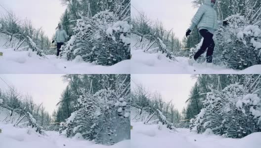 穿着灰色夹克的漂亮年轻女子走在美丽的雪地里，慢镜头拍摄，冷色高清在线视频素材下载