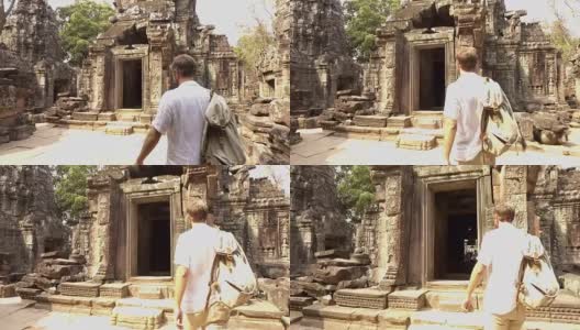 一个热爱旅游的年轻人在亚洲的日落时分探索古庙高清在线视频素材下载