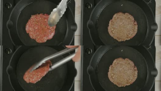 用铸铁锅煎汉堡高清在线视频素材下载