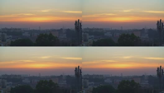 一个大都市的日出/日落与建筑的全景。高清在线视频素材下载