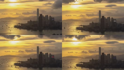 4K时间流逝俯视图香港城市摩天大楼在日落时间高清在线视频素材下载