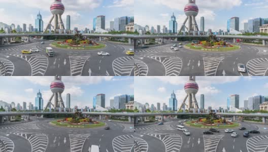 4K时间流逝:中国上海陆家嘴明珠环岛人行天桥上的车流。高清在线视频素材下载