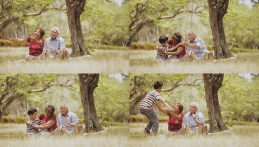 爷爷奶奶老夫妇和小男孩野餐慢动作高清在线视频素材下载