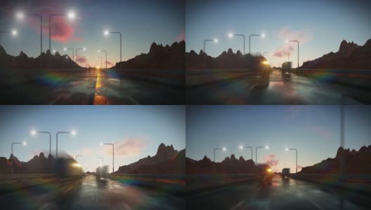 高速公路交通对沙漠山脉和时间推移的云的特写，移动的相机高清在线视频素材下载