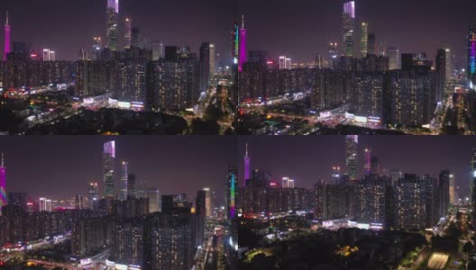 夜间照明广州市公寓住宅市区航拍全景4k中国高清在线视频素材下载