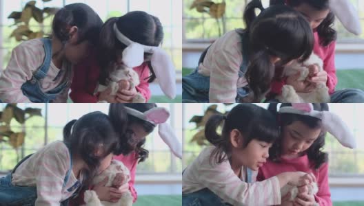亚洲妹妹在家里过复活节的时候在客厅亲吻兔子，和姐姐一起玩耍高清在线视频素材下载