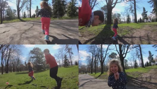 在阳光明媚的日子里，弟弟和妹妹在城市公园跑步时的背影高清在线视频素材下载