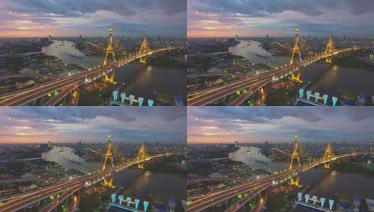 曼谷普密蓬大桥的空中日落照片高清在线视频素材下载