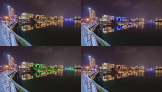 夜晚照明三亚市滨江交通街道大桥全景4k时间推移海南岛中国高清在线视频素材下载